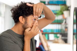 A man applying his contact lens