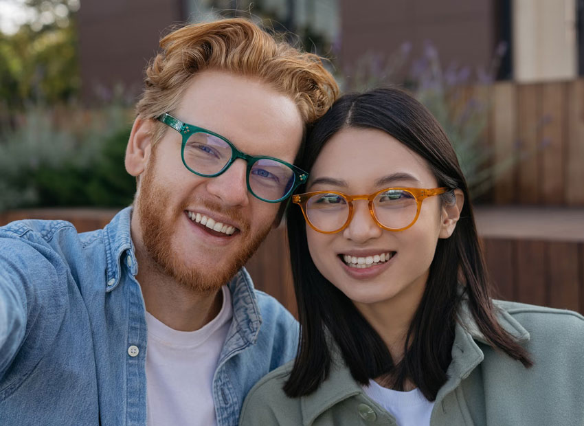 a couple wearing eye glasses smiling