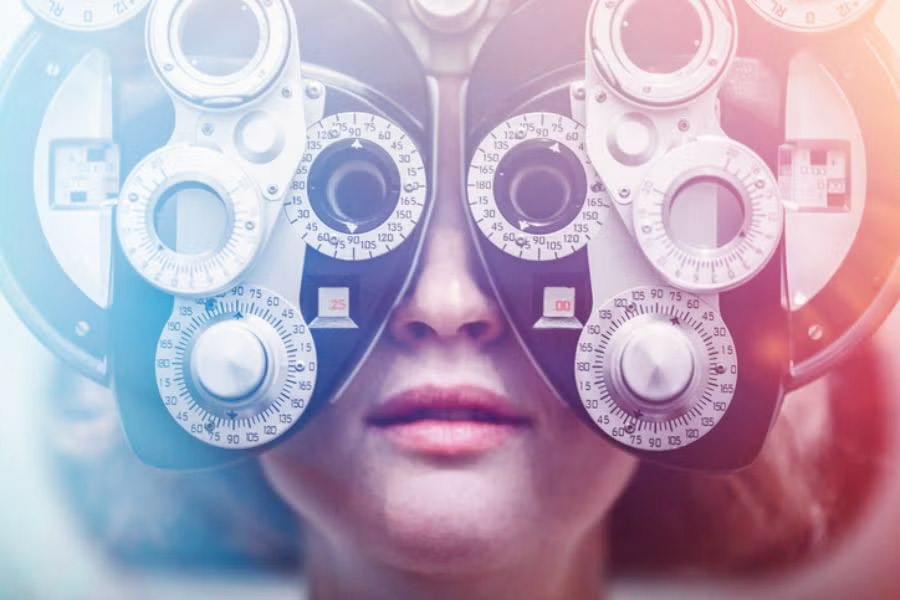 Woman wearing lenses for eye exam