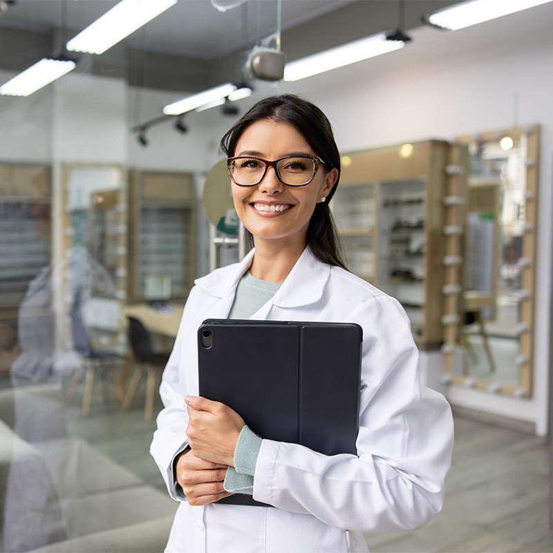 Smiling eye-care clinician ready to assist patients during an eye emergency in Derry, NH
